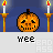 Animated pumpkin character in red shirt with changing expressions and actions, holding a candle-like object against dark blue background.