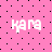 Pink background with black dots and white text 'kara' in three positions, one partially obscured by a gray rectangle.
