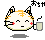Pixel art contact sheet showing two frames of a cat-like mascot holding a cup with steam, displaying subtle facial expression changes between frames.