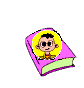 A cartoon character with black hair and sunglasses appears on a pink book cover, transitioning through various open-book states with yellow pages.