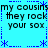 Pixelated text on cyan background with blue dotted border and star symbols, repeating 'my cousins they rock your sox' in two
