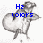 Pixelated grayscale figure with heart-shaped body and small limbs, blue text overlays change across frames.