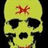 Yellow skull with black eye sockets and nasal cavity, red X-shaped mark on forehead, dark background.