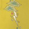 Yellow background with two light blue clouds, a white lightning bolt, and scattered small stars in red, blue, and white.
