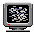 Four pixelated computer monitors display static and a blue character with large eyes on black backgrounds.