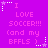 A static image with a bright purple background displays repeated text "I LOVE SOCCER!!! (and my BFFLS )" in pink pixelated font, surrounded by white star and dotted line decorations.