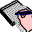 Pixelated cartoon character with pink face and dark blue headwear, framed by black border on gray background.