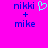 Pixelated text 'nikki + mike' on bright pink background with cyan heart symbol above 'nikki'.