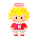 Pixelated character with yellow hair and red outfit in multiple poses against gray background.