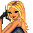 Pixelated cartoon woman with blonde hair, black gloves, and blue outfit holding a gun in multiple poses above text reading 'I blew away' on gray background.