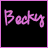 A 4-frame contact sheet of a pixelated animated buddy icon showing the name "Becky" in pink cursive text with varying star symbols across frames on black backgrounds, bordered by purple outlines and one gray background frame.