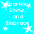 Pixelated text and star shapes on a cyan background, with repeated phrases and star symbols arranged in a pattern