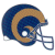 Pixelated football helmet with blue and gold colors, featuring a face mask and a curved design on the side.