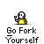 Pixelated character in yellow shirt holds fork, text below reads 'Go Fork Yourself' with red dots appearing and disappearing near the character's head.