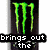 Green Monster Energy logo above black text 'brings out the' and blue text 'in bffs:' over a group photo with red and dark clothing, alongside colorful 'RAWRR.' letters and a purple heart outline.