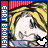 Pixelated anime-style character with blonde hair and dark eyes, smiling against red striped background; blue vertical bars display 'HEART' text on left edge.