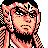 Pixelated 48x48 static buddy icon depicting a stylized character with peach skin, black hair, and red facial features against a checkered background.