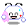 Pixel art character with white head, black antennae, pink ear-like shape, and blue outline showing four variations of facial features and small symbols.