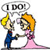Pixelated cartoon of two figures holding hands, one in blue suit, one in pink dress, with speech bubble reading 'I DO!' above them.