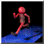 Pixelated red figure with rounded head performs running motion on blue checkered surface against black background.