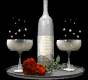Animated sequence of a bottle pouring liquid into two glasses with red flowers and green leaves on a tray against a black background.
