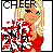 Pixelated static icon of a blonde cheerleader in red uniform with partial text "CHEER" at top, featuring visible pixelation and dithering effects on the face and clothing.