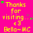 Bright pink background with yellow text reading 'Thanks for visiting... <3 Bella~MC' repeated in a pattern, scattered green and purple stars