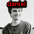 Two grayscale pixelated figures with red text overlays; left figure has 'daniel' above head, right has 'radcliffe<3' below chest.