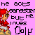 Pixelated character in red outfit with crown stands against pink background, text reads 'he acts gangster but he lives Dolly' in blocky black letters.