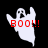 Pixelated ghost icon with red 'BOO!!!' text, three color variations on black background.