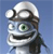 Pixelated character with large green eye, white helmet, and dark straps against blue background.