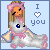 Pixel art of a blonde girl with pink headband and white unicorn on light blue background, text "I ♡ you" in four showing heart symbol animation