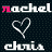 four and four displays alternating text labels 'nachel' and 'chris' with heart symbols, where some letters in the text change color from white to pink across frames