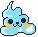 Pixelated blue cloud-shaped character with black eyes, yellow cheeks, and white spots on a gray background.