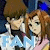 Two anime-style characters with brown hair and light skin stand close together against a dark blue background with stars, the female character wearing pink clothing.