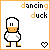 Animated contact sheet of a pixel art dancing duck character with multiple frames showing different poses and heart symbols.
