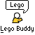 Pixelated yellow figure with white head holds a small yellow block, then a large yellow block, while speech bubbles display "Lego", "buddy?", "WTF?", and "DAMMIT!".