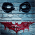 A pixelated static image shows a stylized face with large black circular eyes and a red bat-shaped mouth against a blue striped background.