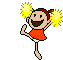Pixel art of a girl in an orange dress with red pigtails holding yellow pom-poms, shown across multiple poses on gray background.