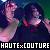 Pixelated image of two figures in a close embrace against a dark, multicolored background with text reading 'HAUTE x COUTURE' at the bottom.