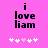 Pixelated text 'i love liam' on bright pink background with white and light pink heart symbols below.