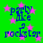 Green background with pink stars and blue text reading 'party like a rockstar' in pixelated font, repeated in a pattern