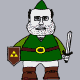 Pixelated character in green tunic with brown belt and boots, holding sword and shield with yellow Triforce symbol; three variations of facial expression and text below.