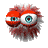 A red, fuzzy, circular character with two large blue eyes shifts expressions