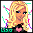 Pixelated icon of a blonde woman with blue eyes wearing black clothing and a pink heart symbol, surrounded by colorful pixel lines.
