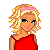 Pixel art contact sheet showing a blonde female character in red top and black skirt with text "I enjoy being Blonde".