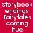 Red background with white pixelated text reading 'storybook endings Fairytales coming tue' and a pink border, with one frame showing a pink heart and another showing a pink star.
