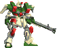 Pixelated green and red mecha with silver limbs holds a long gray cannon, standing on light beige feet against solid gray background.