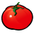 Pixelated red tomato with green stem and leaf, featuring a white highlight on its surface against a plain background.