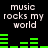 Black background with white text reading 'music rocks my world' and green audio equalizer bars in two horizontal , with the lower showing more bars